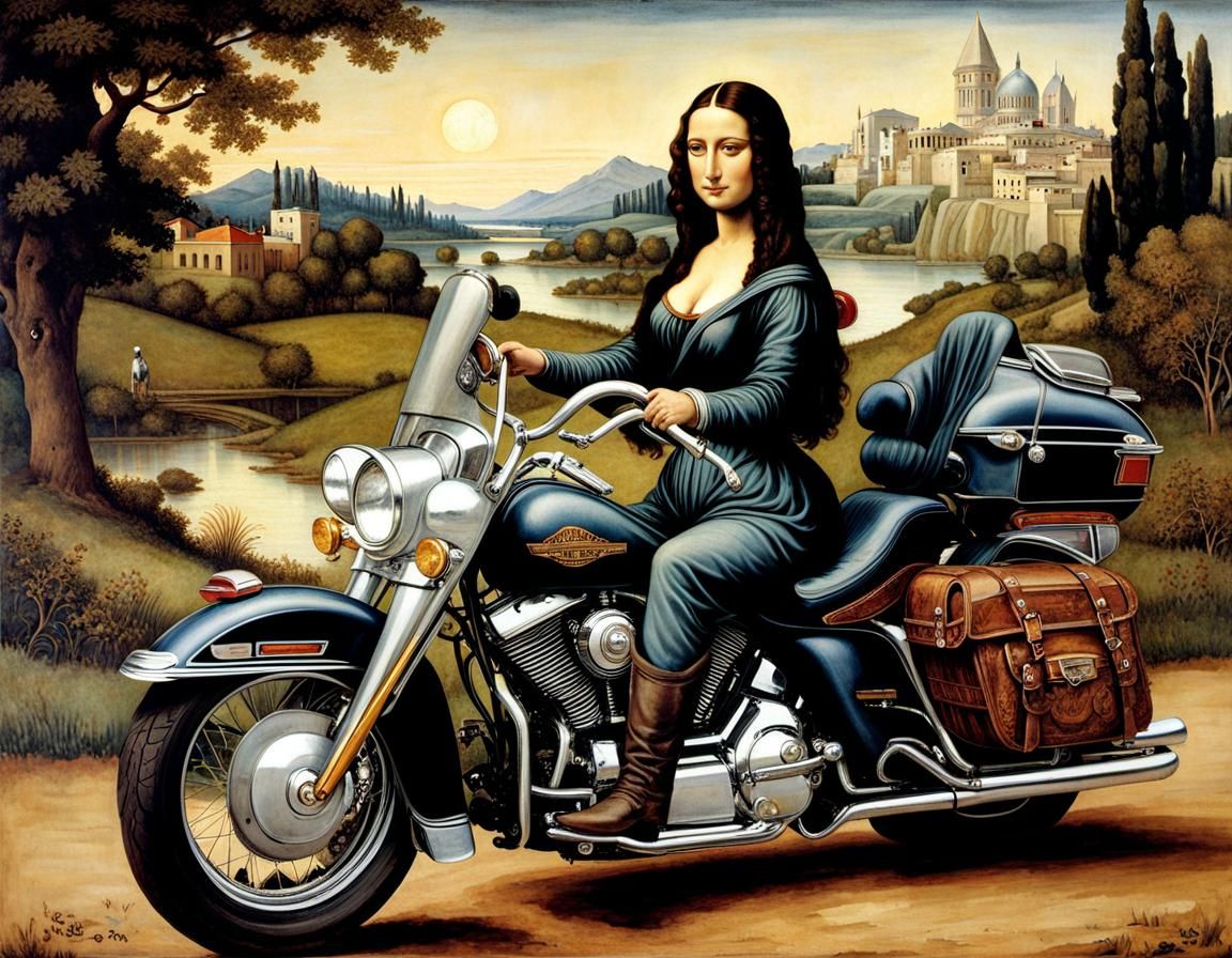 The Mona Lisa riding a harley-davidson
