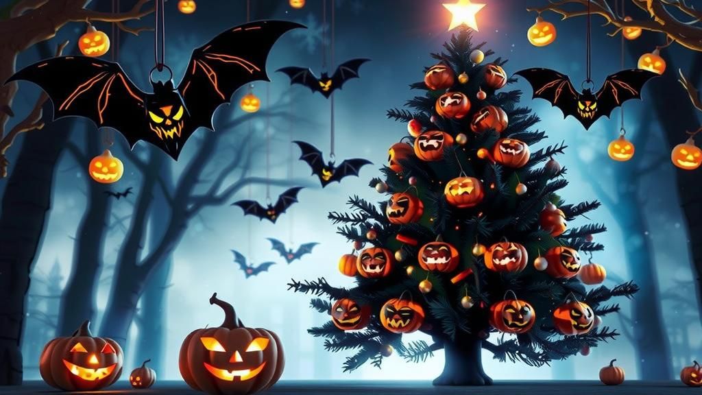 Halloween Christmas Tree with Bats and Jack-o'-Lanterns
