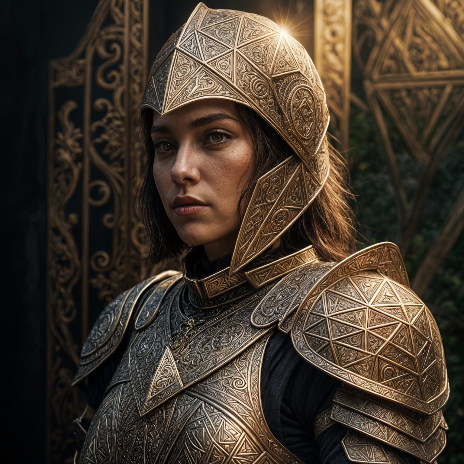 Hyperrealistic Woman Warrior Guarding Octahedron