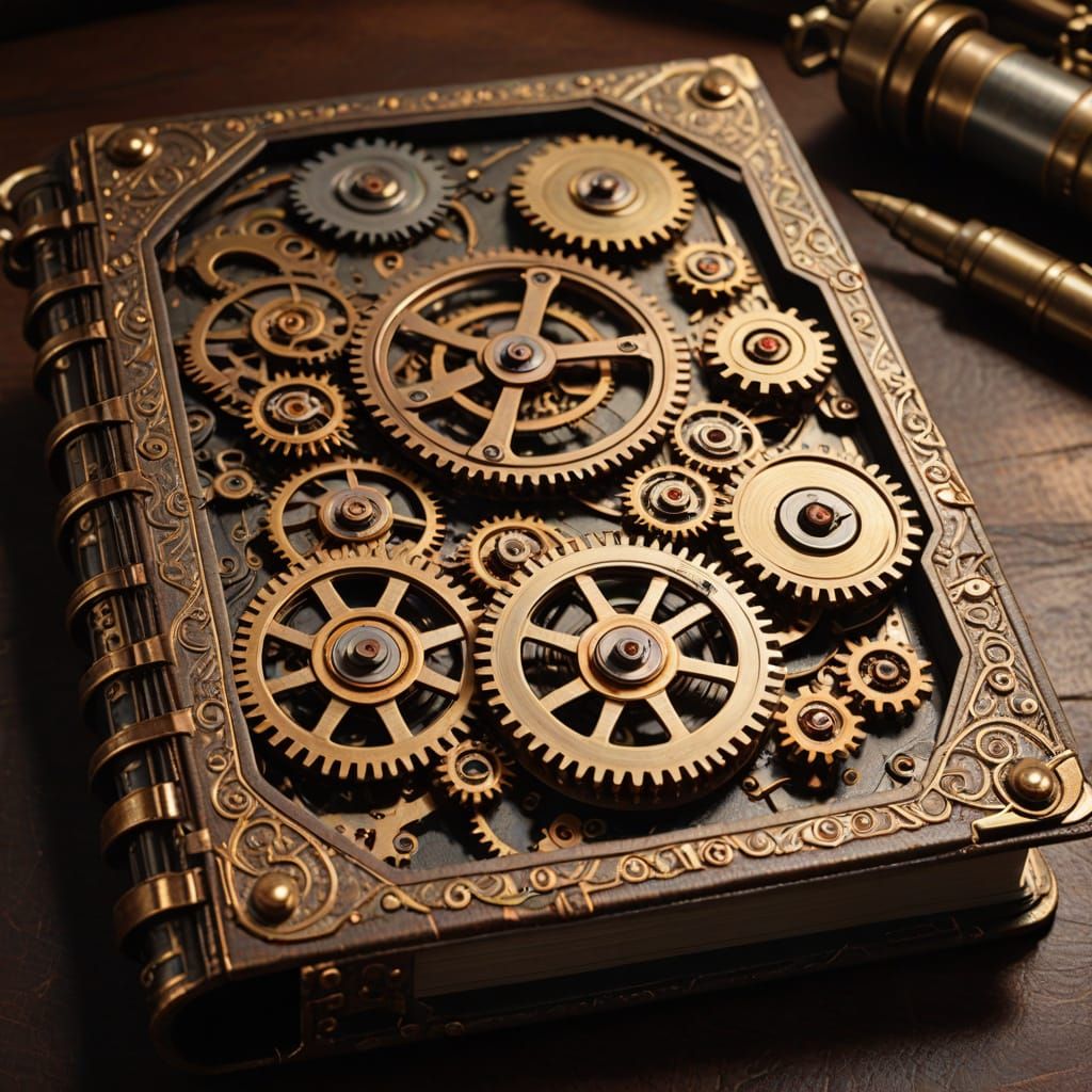 Steampunk Book with Clockwork Gears and Copper Filigree