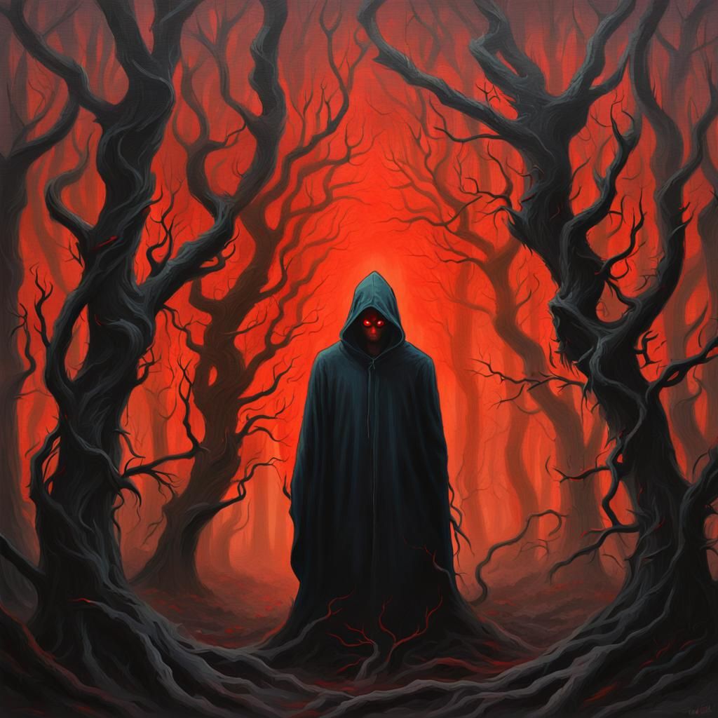 Gothic Surrealism: Hooded Figure in Ominous Forest