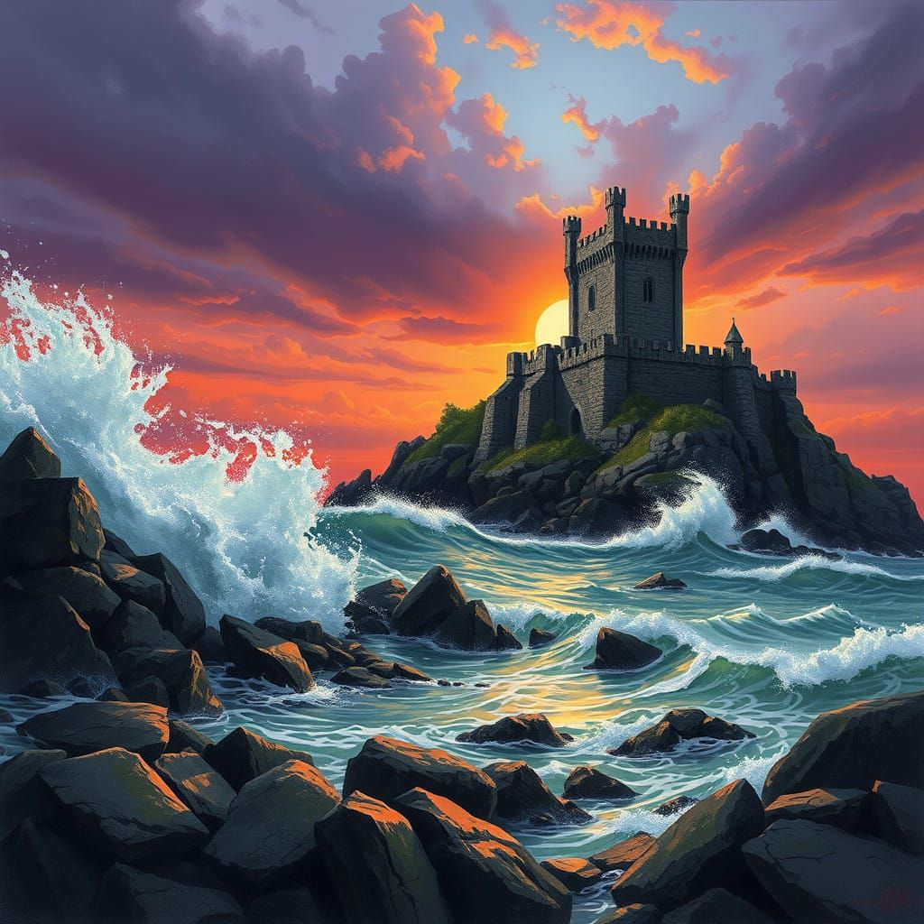 Majestic Dark Sea Crashes Against Weathered Castle Walls in ...