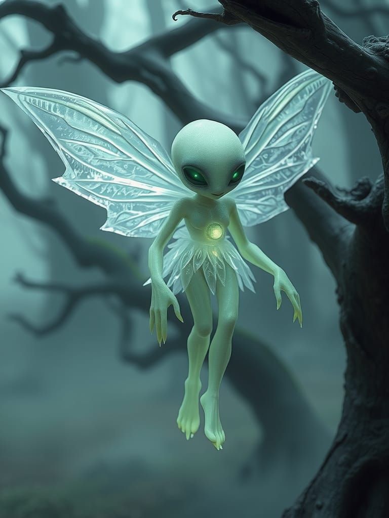 Ethereal Alien Fairy in a Mist-Shrouded Forest