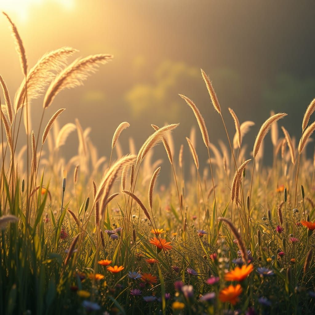 Tranquil Landscape with Wildflowers in Matte Painting Style
