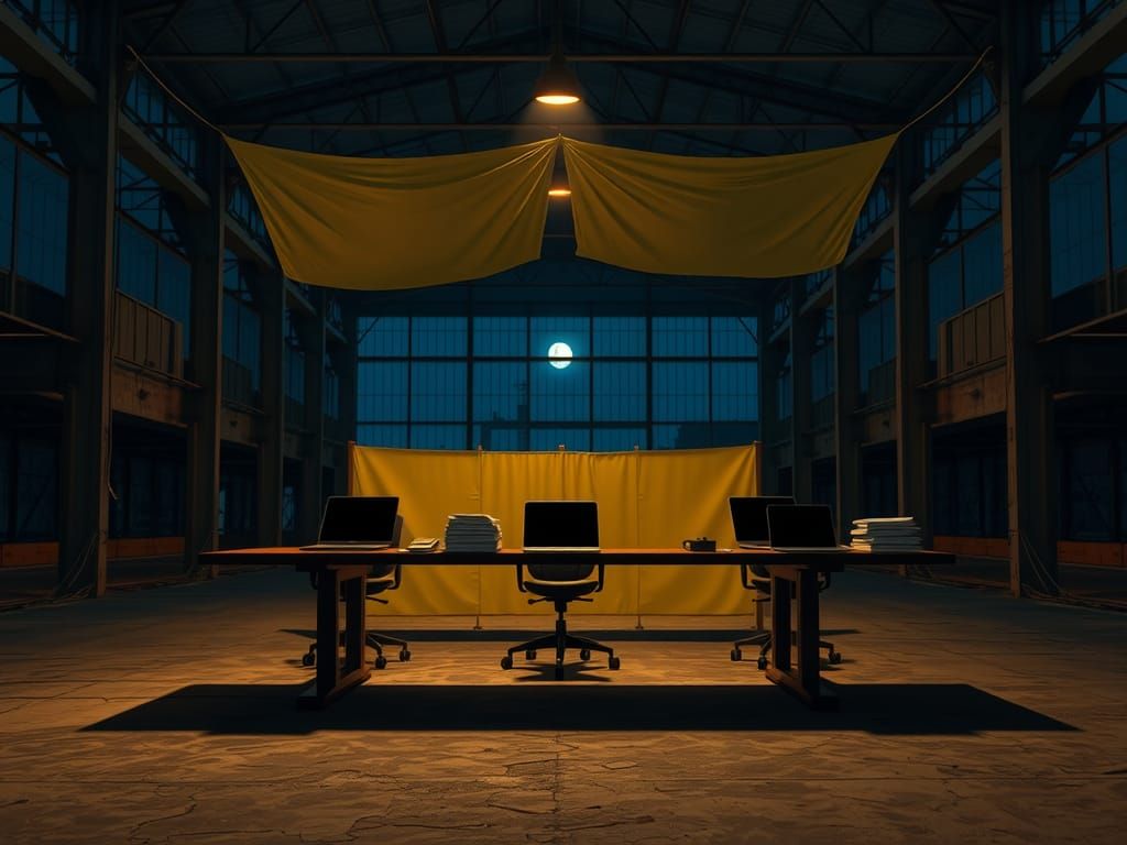 Dystopian Warehouse with Laptops in Atmospheric Lighting