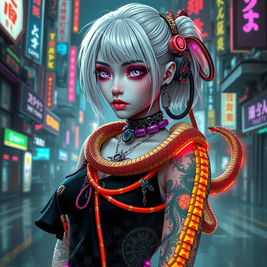 Cyberpunk Goth Girl with Neon Accents and Cosmic Eyes