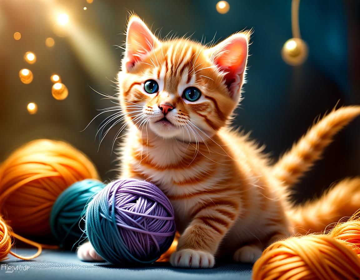 Tabby Kitten Plays with Yarn: Macro Fantasy Art