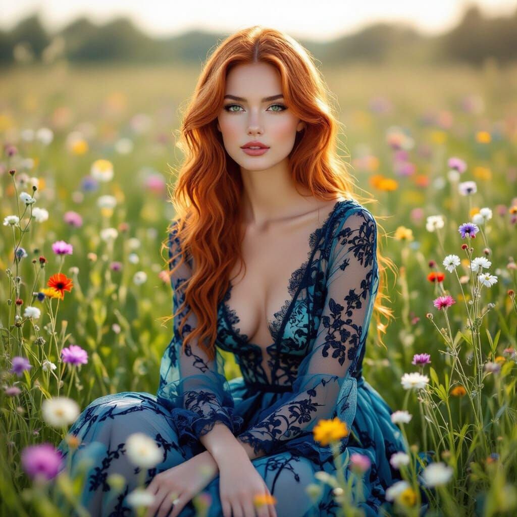 Elegant Woman in Wildflower Meadow, Photo Realistic Style