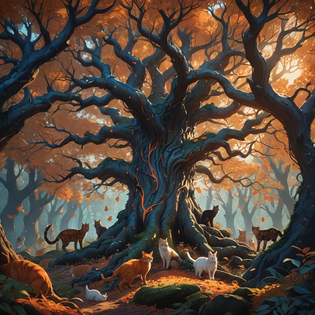 Fantasy Forest Tree Surrounded by Cats
