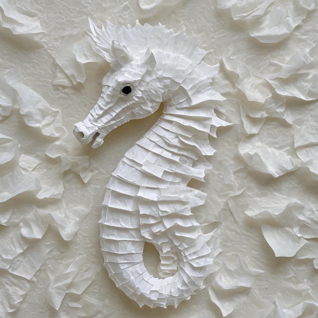 A detailed image of [Seahorse ] made of white tissue paper.