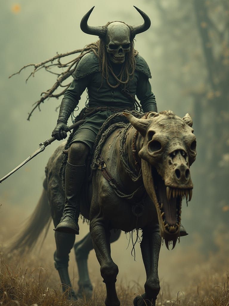 Weathered Bonecaster Rides War-Torn Biomechanical Beast