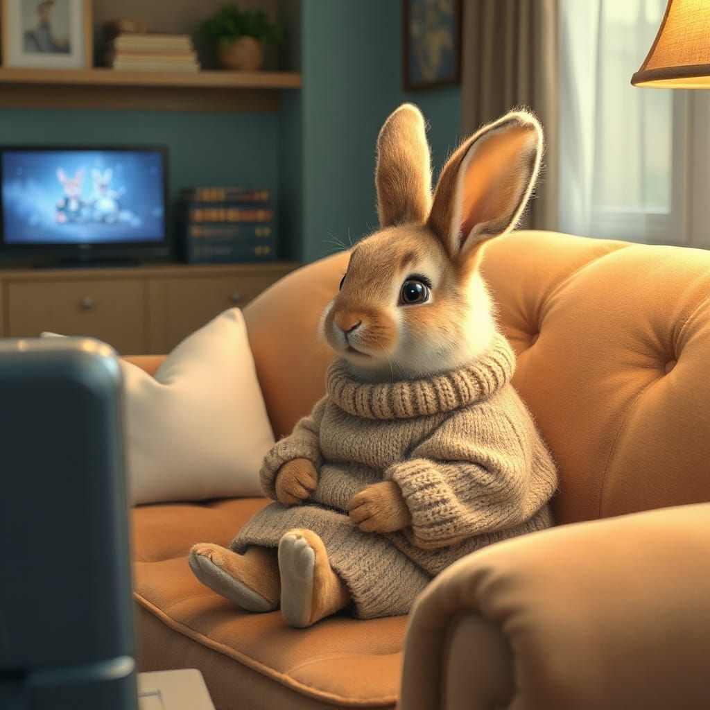 Bunny in Sweater Watching TV: Whimsical Art