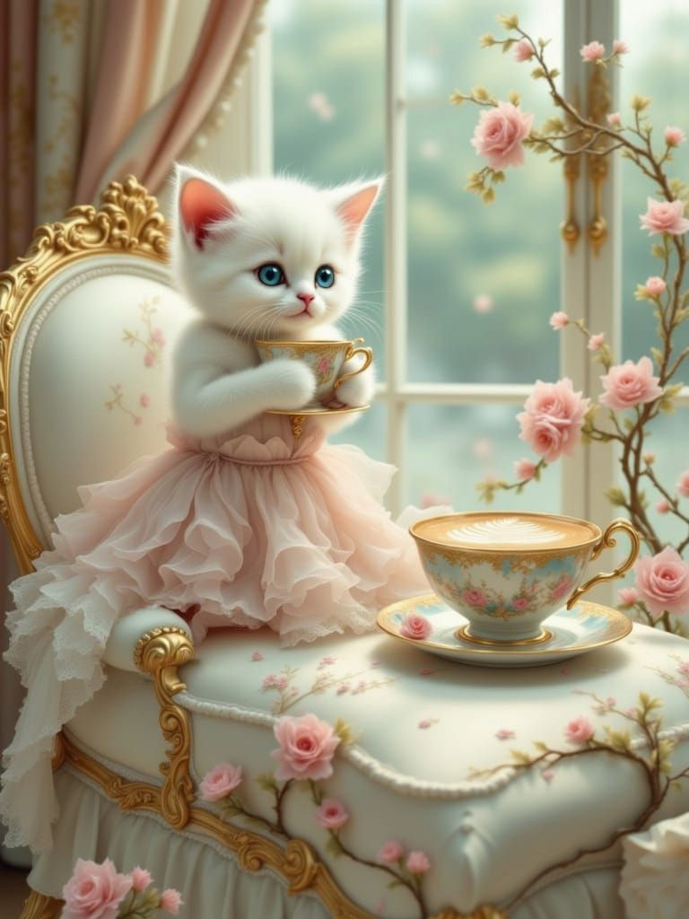 Kitten Sipping Latte in Rococo Cafe, 3D Anime Art