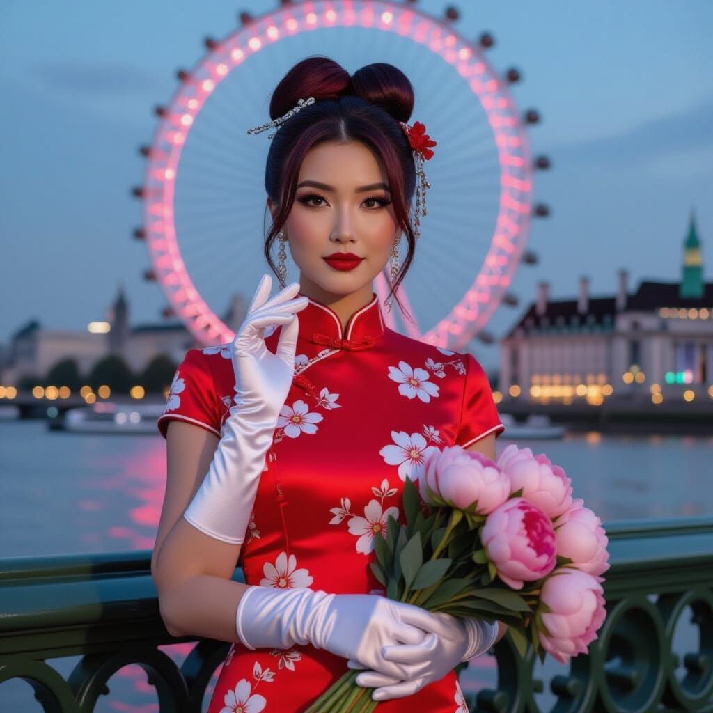 Singer in Red Dress with Peonies by London Eye