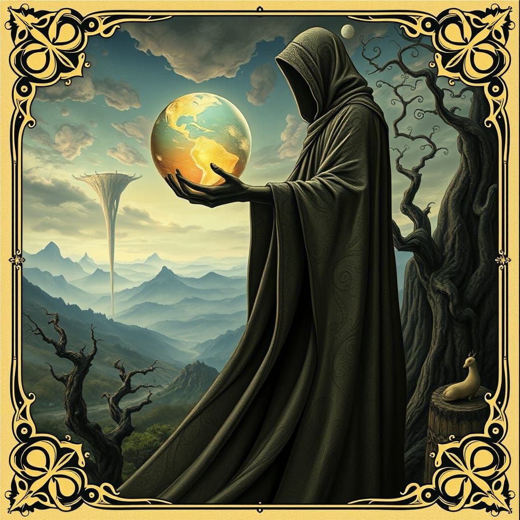 Mysterious Figure with Glowing Globe in Dreamscape
