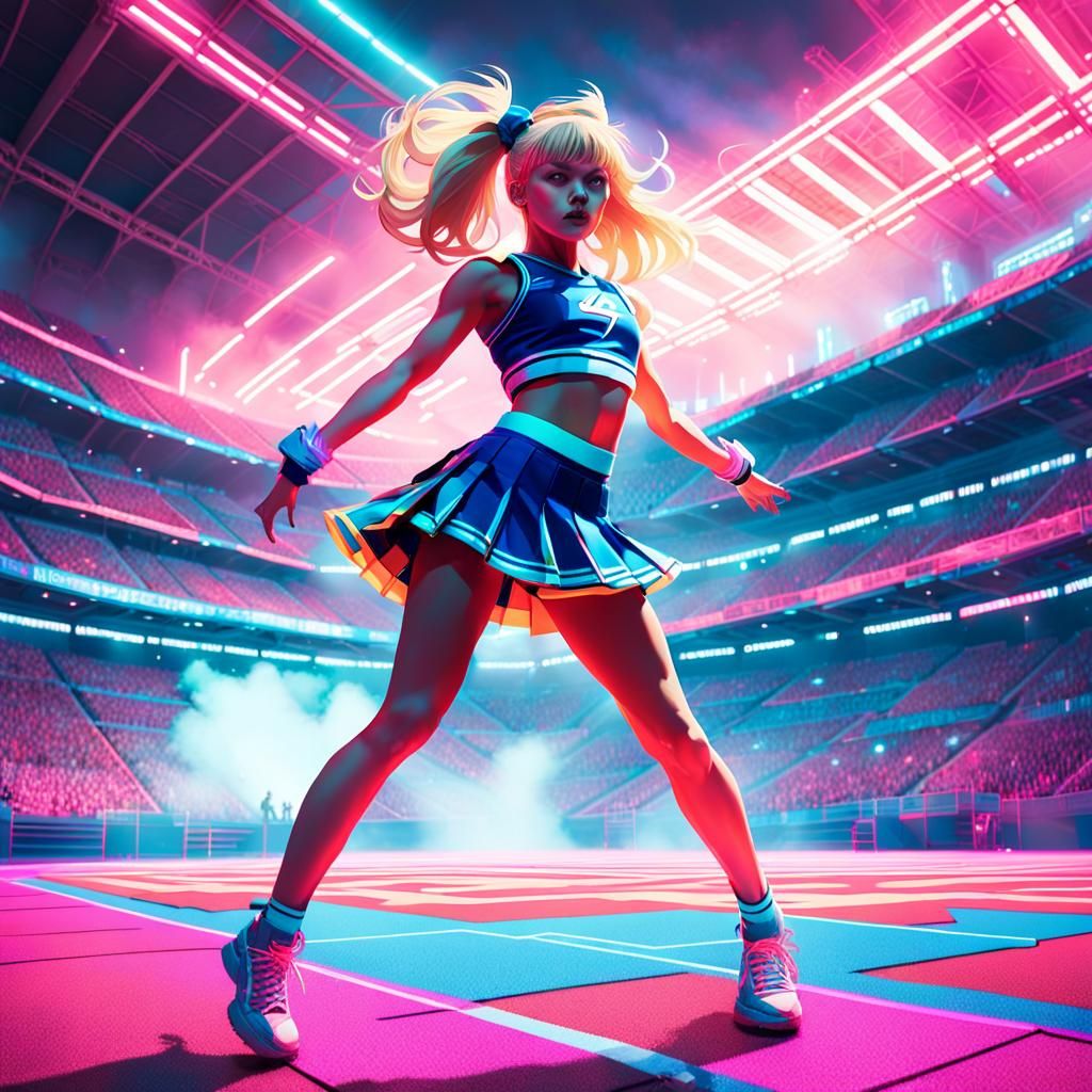 Futuristic Cheerleader Dances in Cyberpunk Stadium