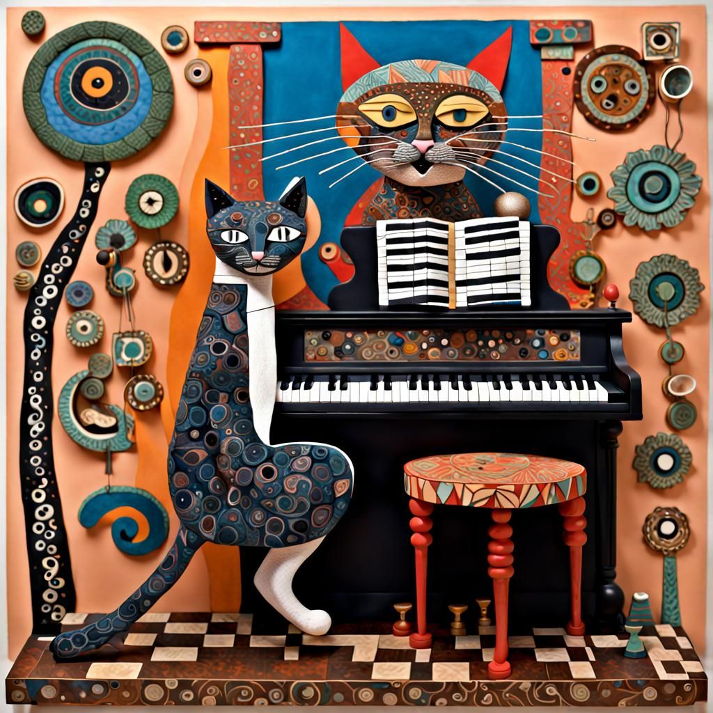 Whimsical Cat Plays Piano: 3D Naive Art