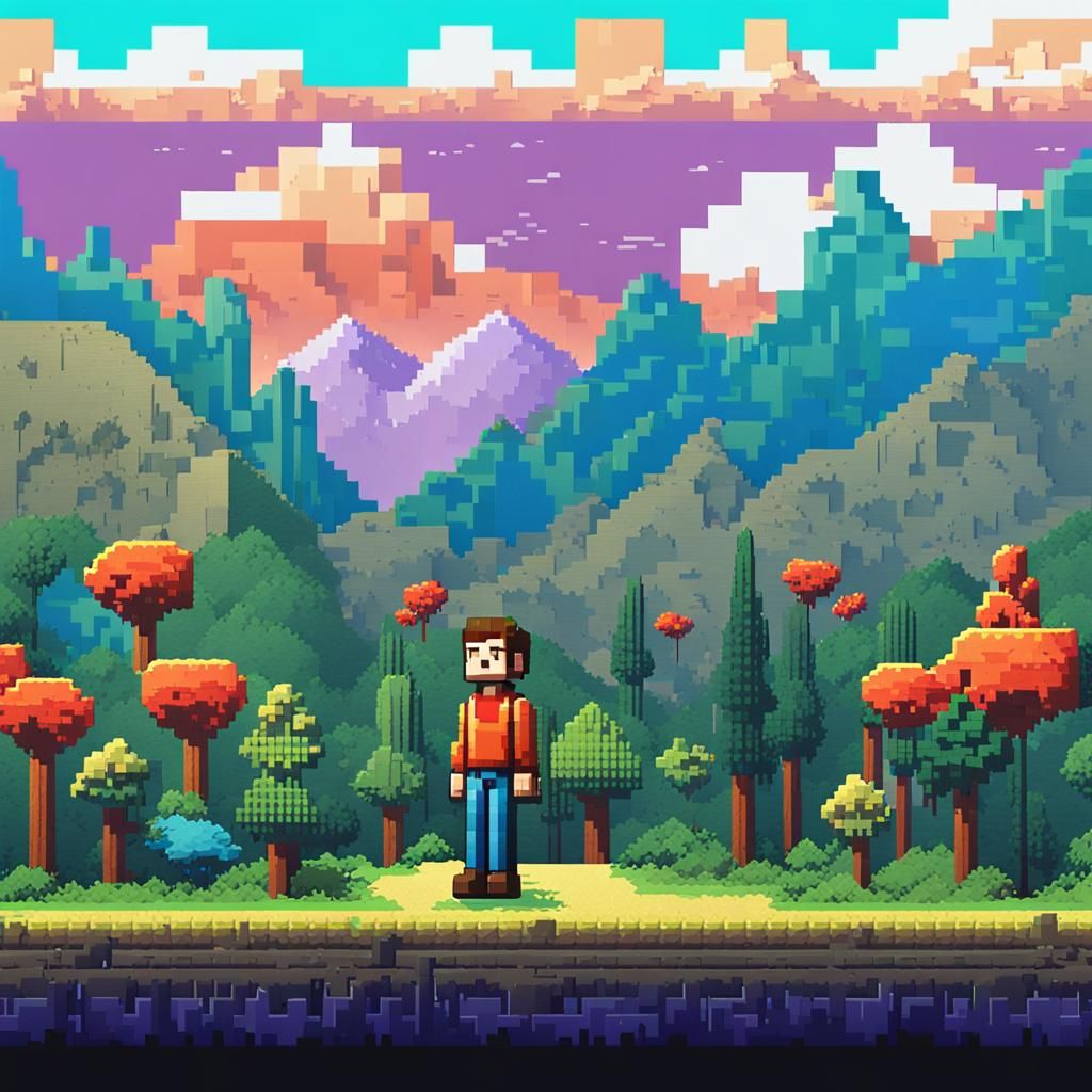 Pixel Art Character in 8-Bit Landscape