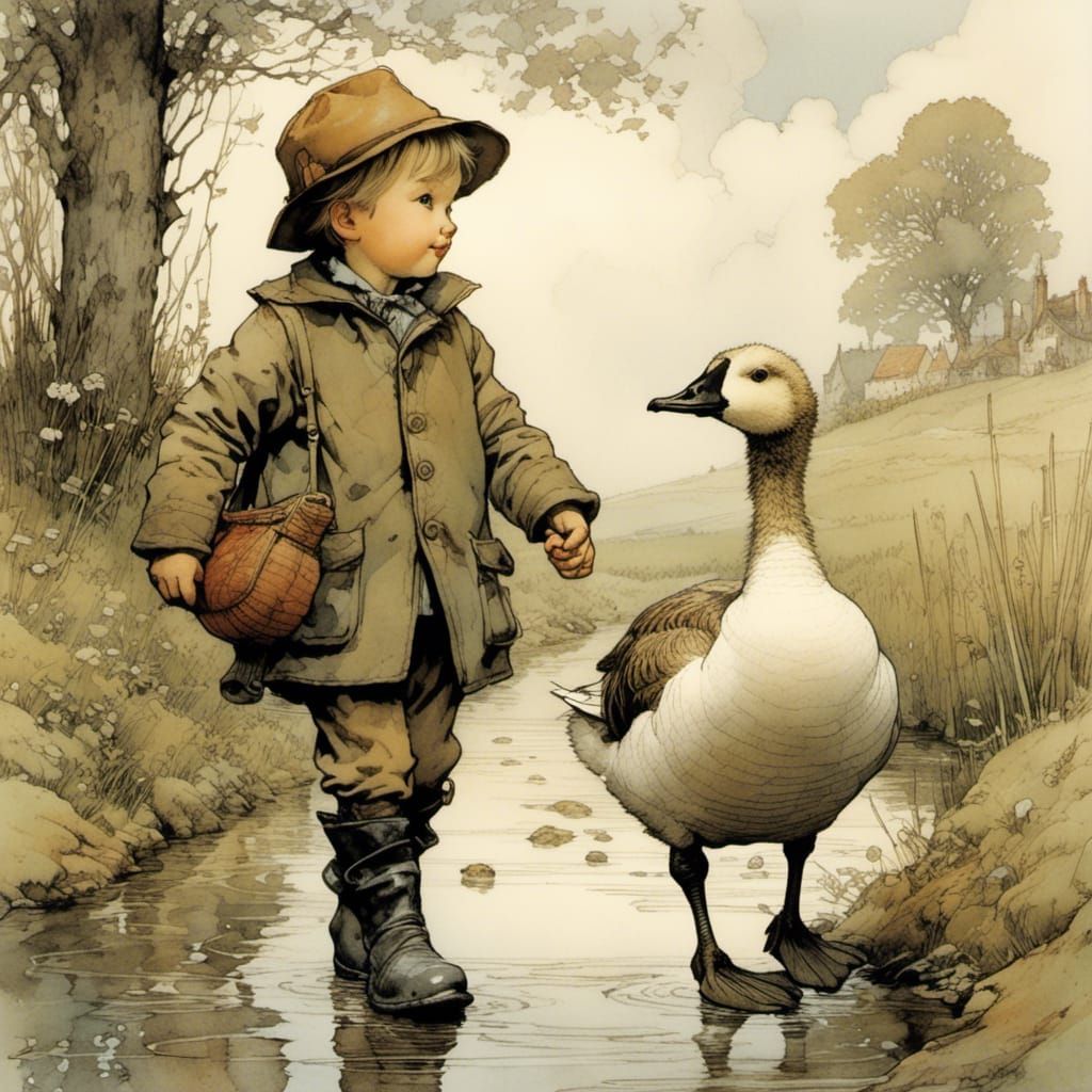 Boy and Goose Walk, Storybook Illustration