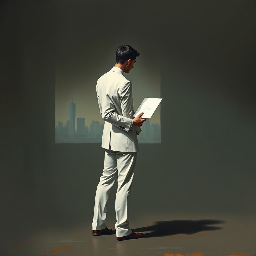 A lone executive hands in his resignation in a hauntingly di...