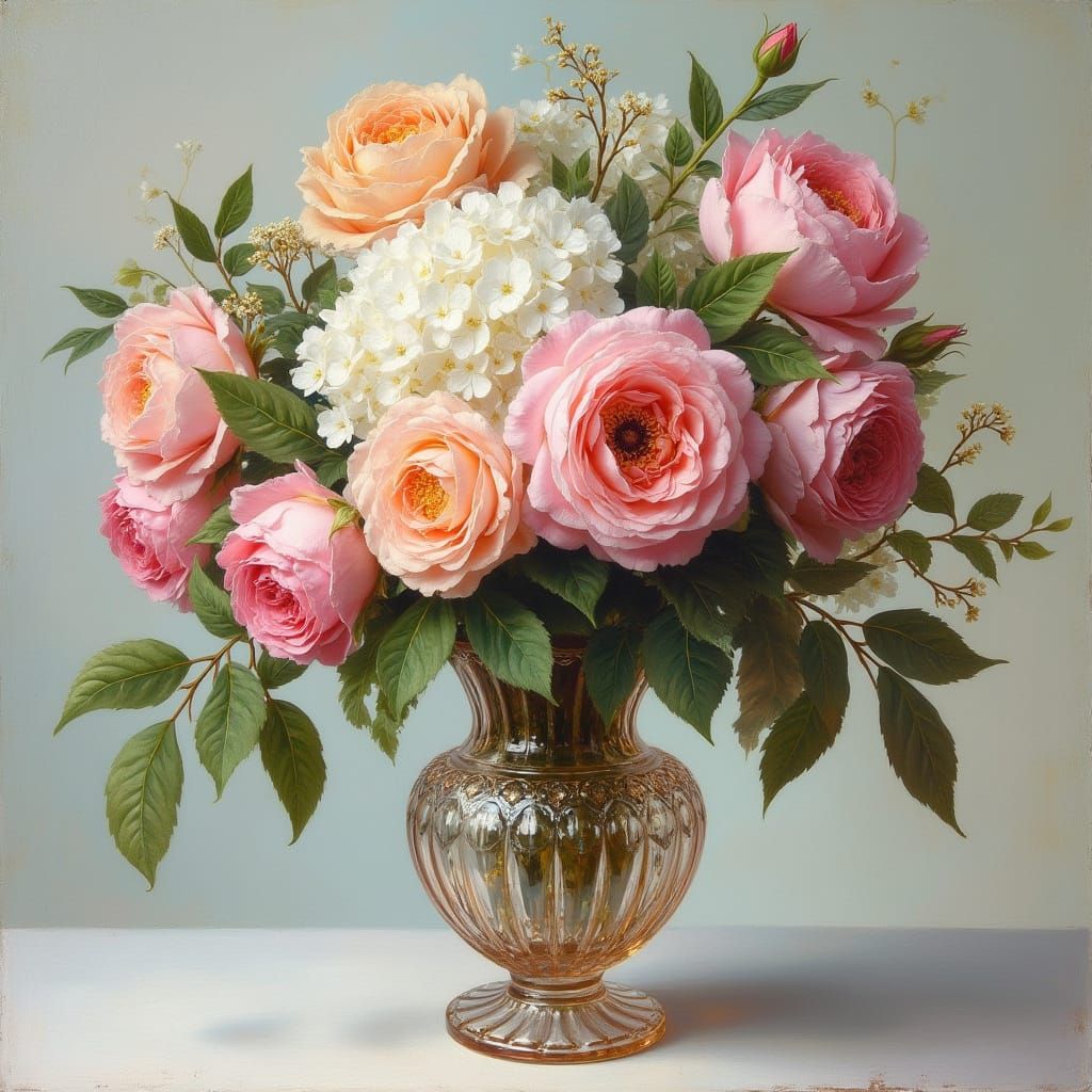 Romantic Oil Painting of Antique Roses and Hydrangeas in Exq...