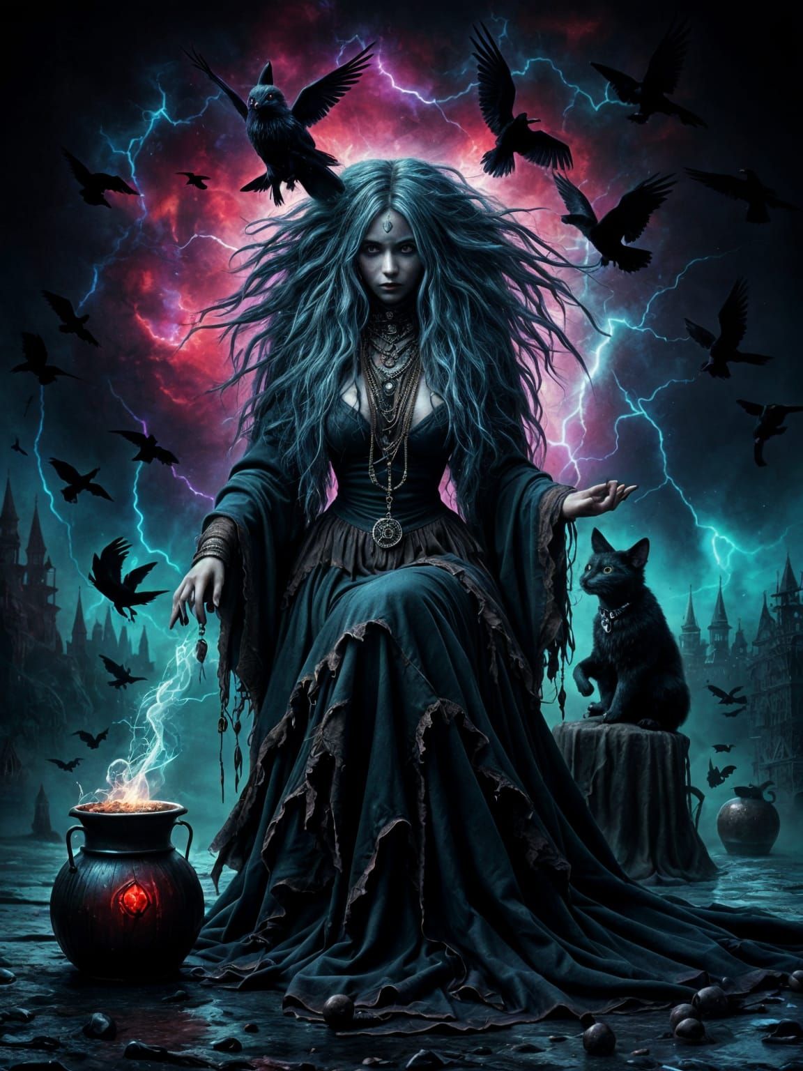 Gothic Witch and Familiar in a Twilight Storm