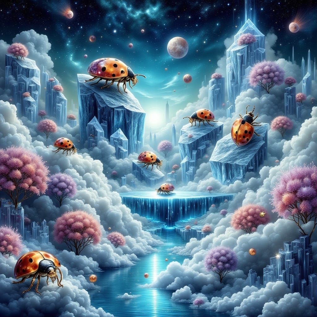 Giant Crystal Ladybugs on Floating Cloud Islands