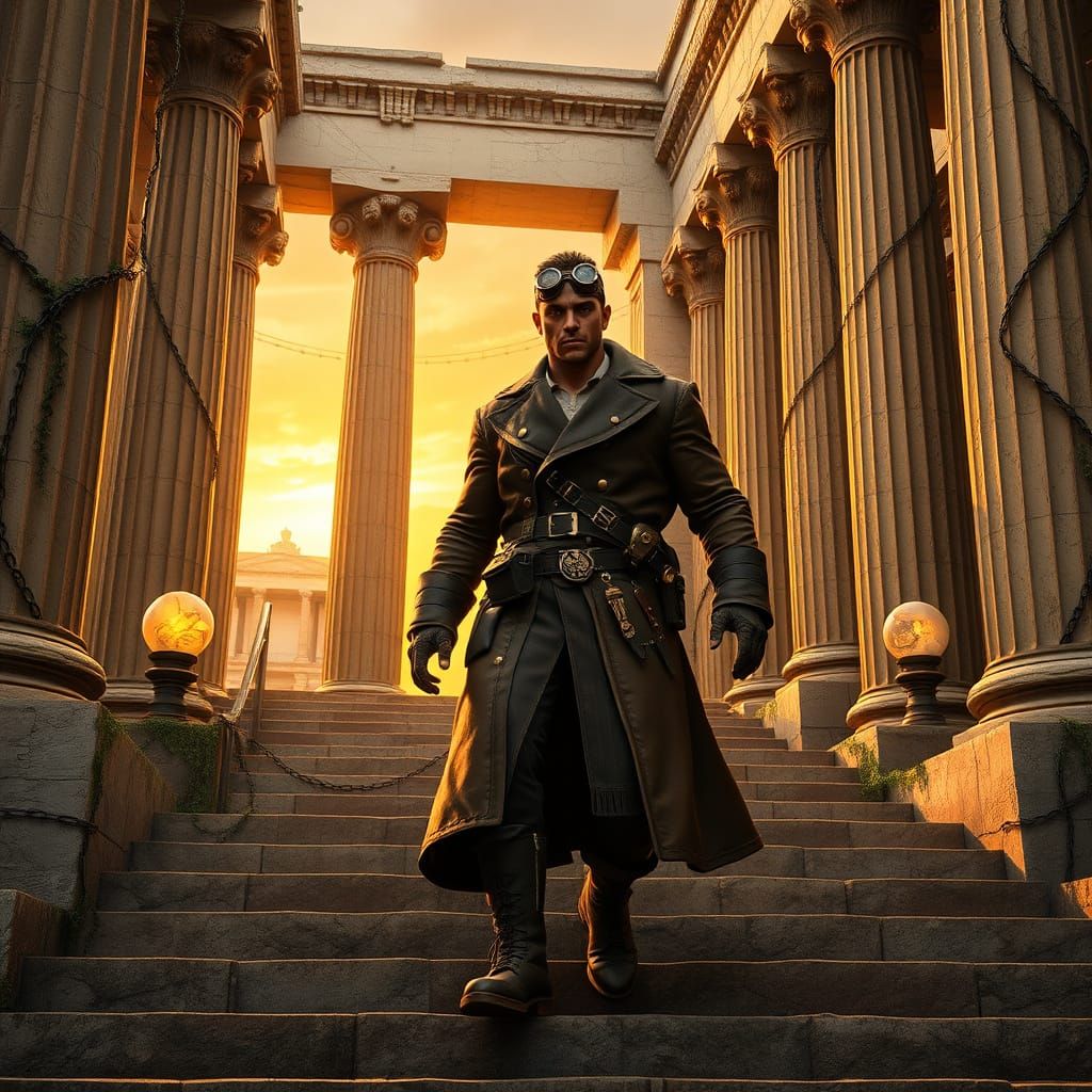 Steampunk Hero Descends Ancient Greek Temple Steps