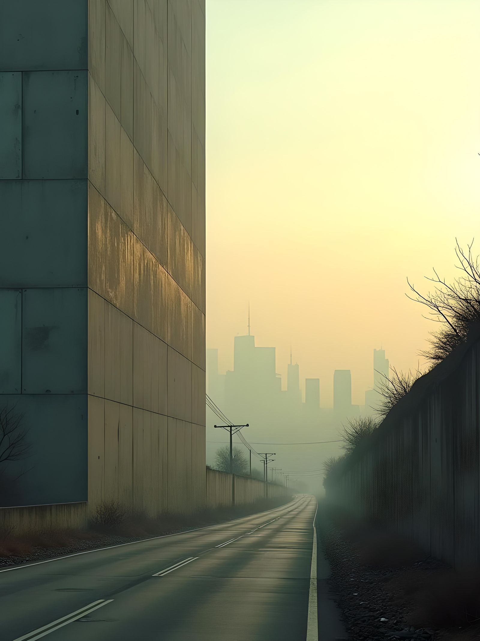 Grungy Concrete Wall Blocks City Road: Cinematic Still