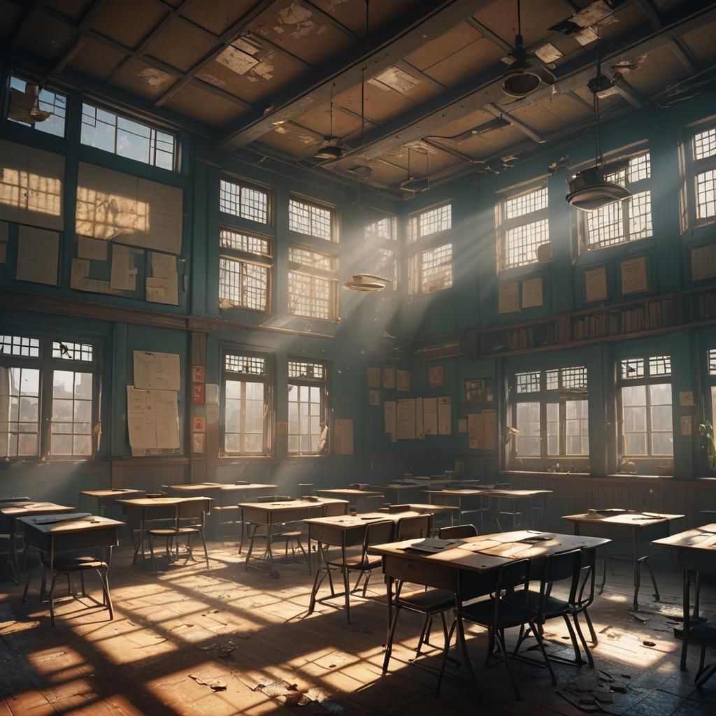 Dusty Classroom with Light Beams: Matte Painting