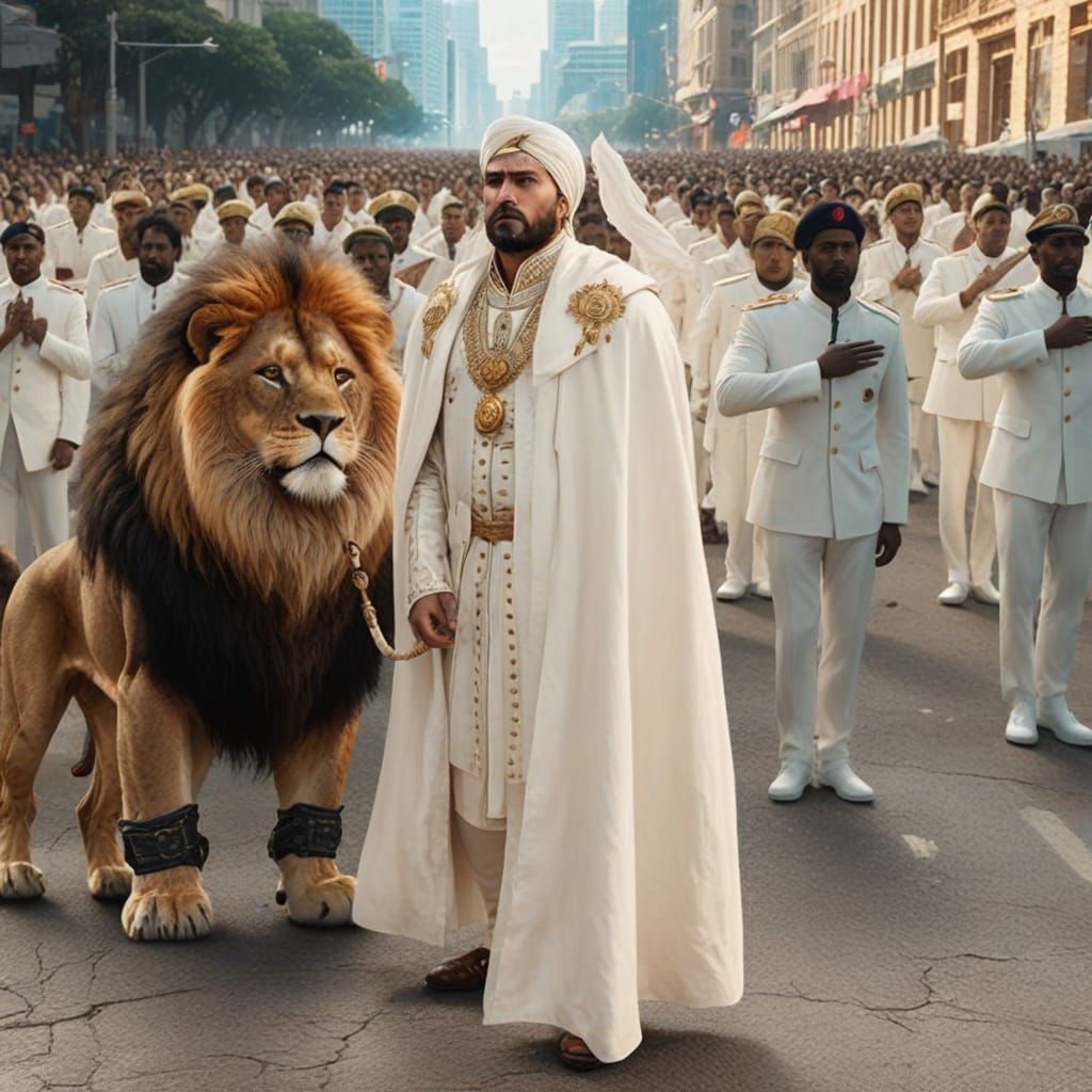 Man standing with a lion and hundreds of people in formation behind him wearing white