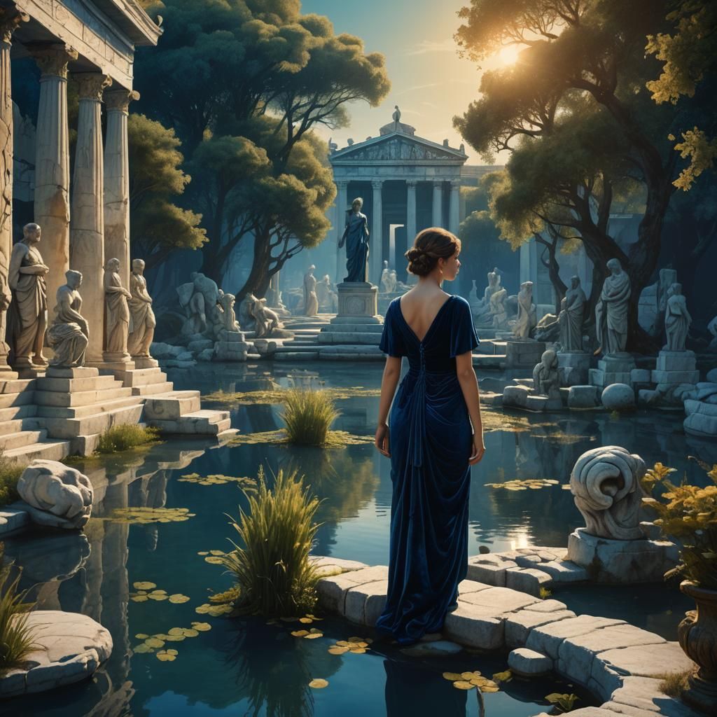 Woman in Blue Velvet Dress in Greek Pantheon