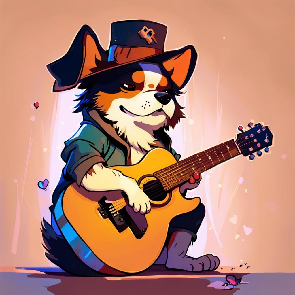Dog Plays Guitar in Fantasy Art Style