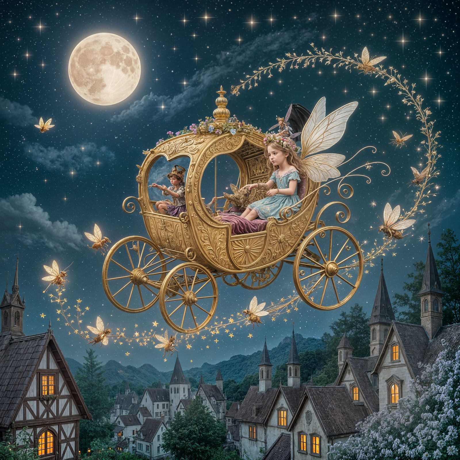Golden Fairy Coach Pulled by Fireflies