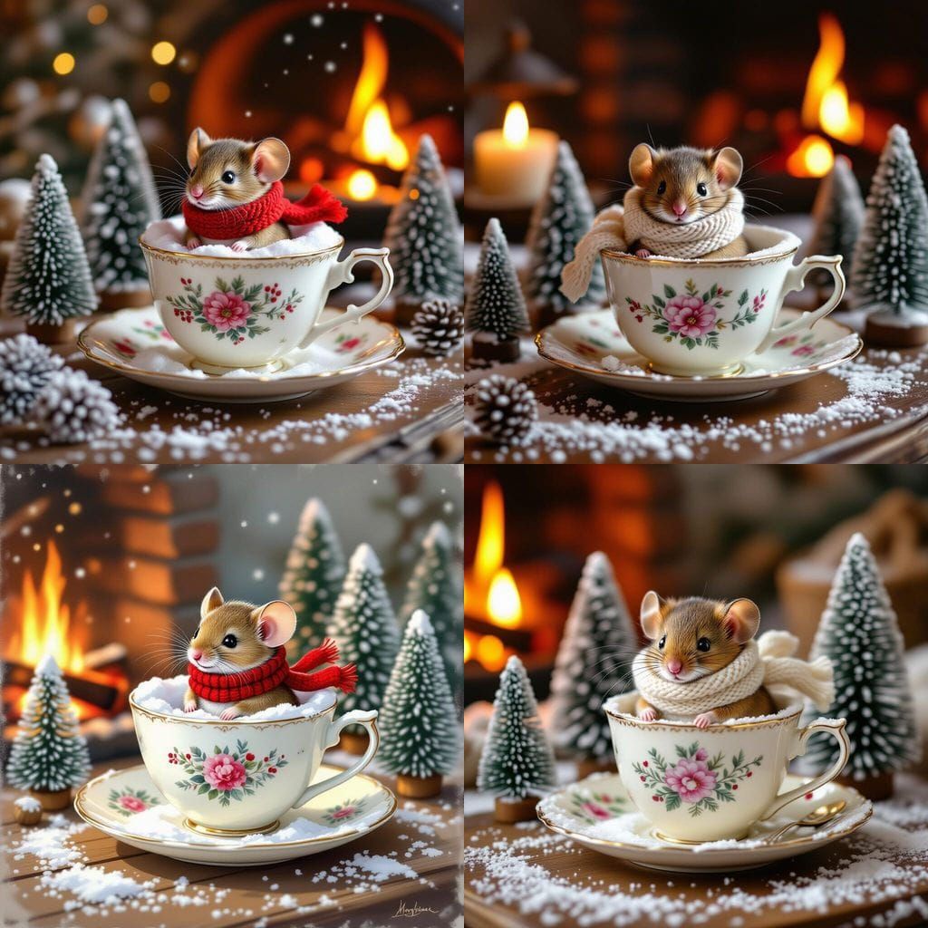 Whimsical Mouse in Snow-Dusted Teacup Children's Book Illust...