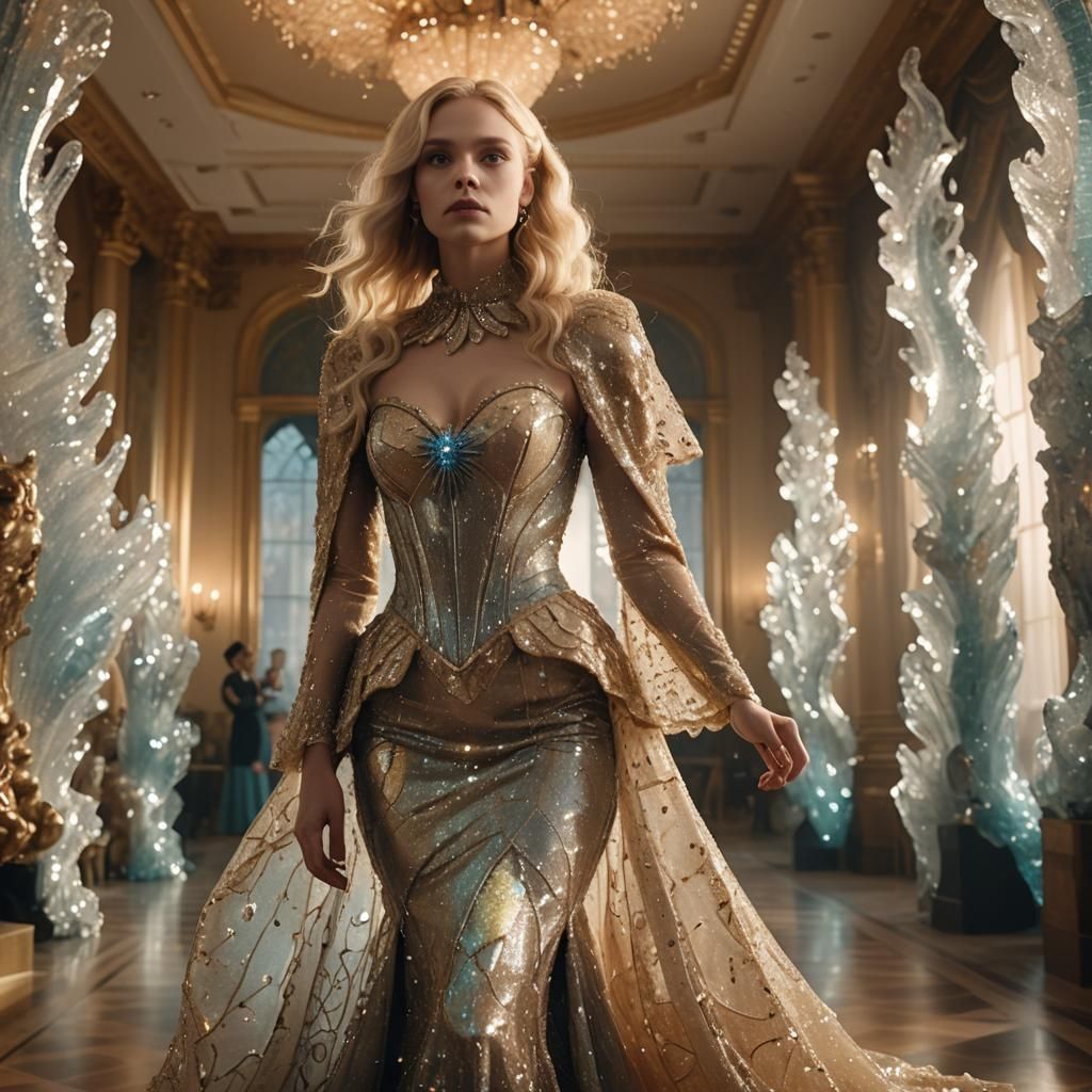 Woman in Crystalline Dress in Ballroom