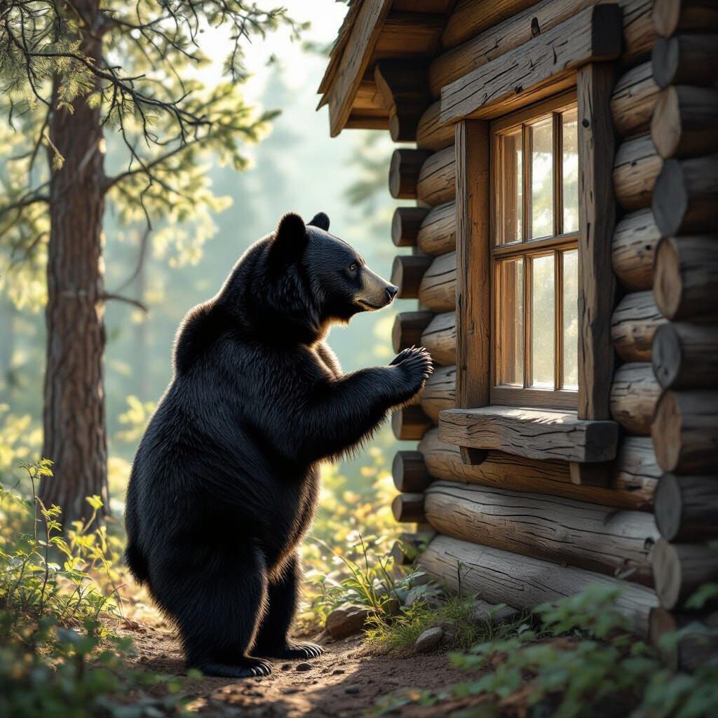 Black Bear Peering Into Cabin Window in Hyperrealistic Style