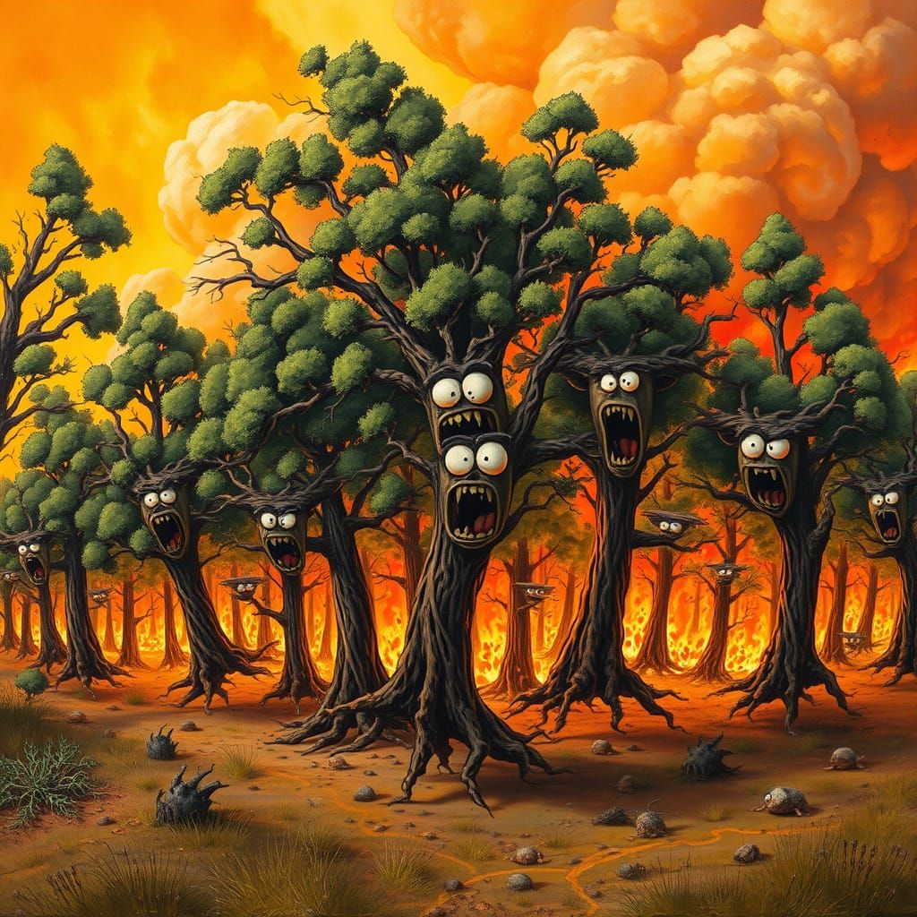Trees Flee from Fiery Inferno in Whimsical Oil Painting