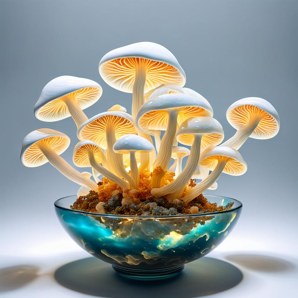 Giant Marble White Mycena Mushrooms in Glass Bowl