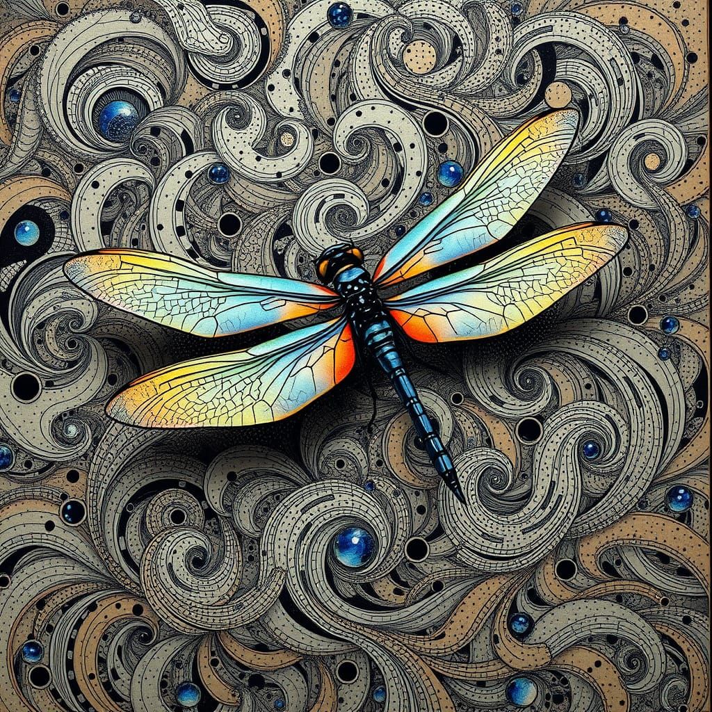 Ethereal Dragonfly in Whirlpool of Pointillist Patterns