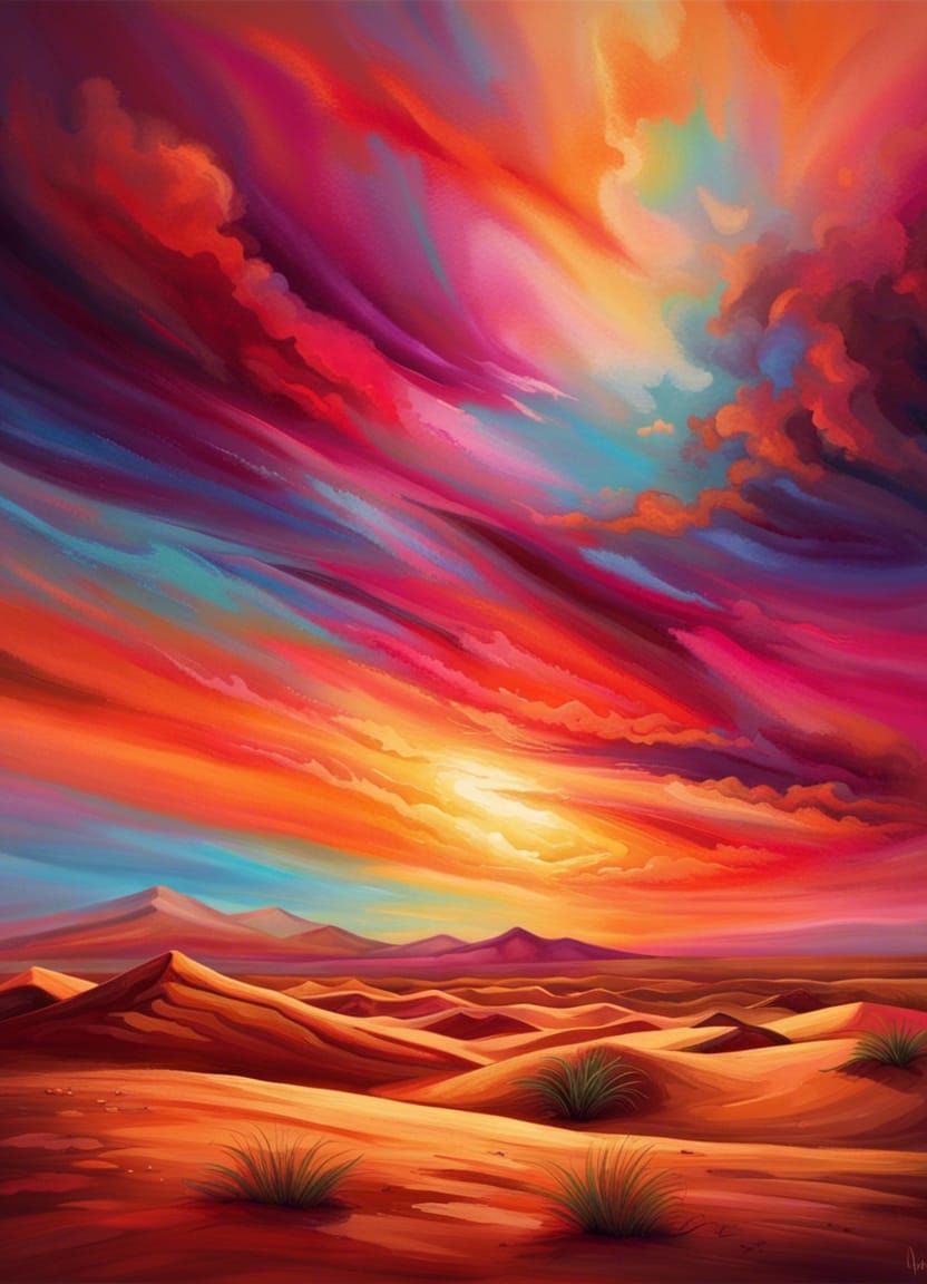 Vibrant Desert Sunset with Oasis in Digital Art