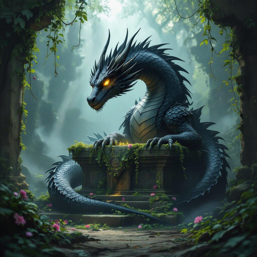 Ancient Dragon Guards Crumbling Altar in Jungle Temple