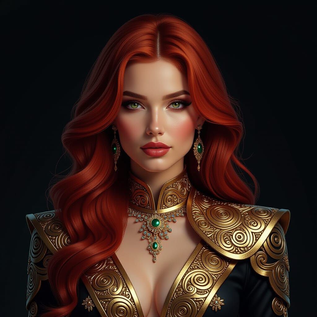 Auburn Haired Woman in Gold and Silver Attire