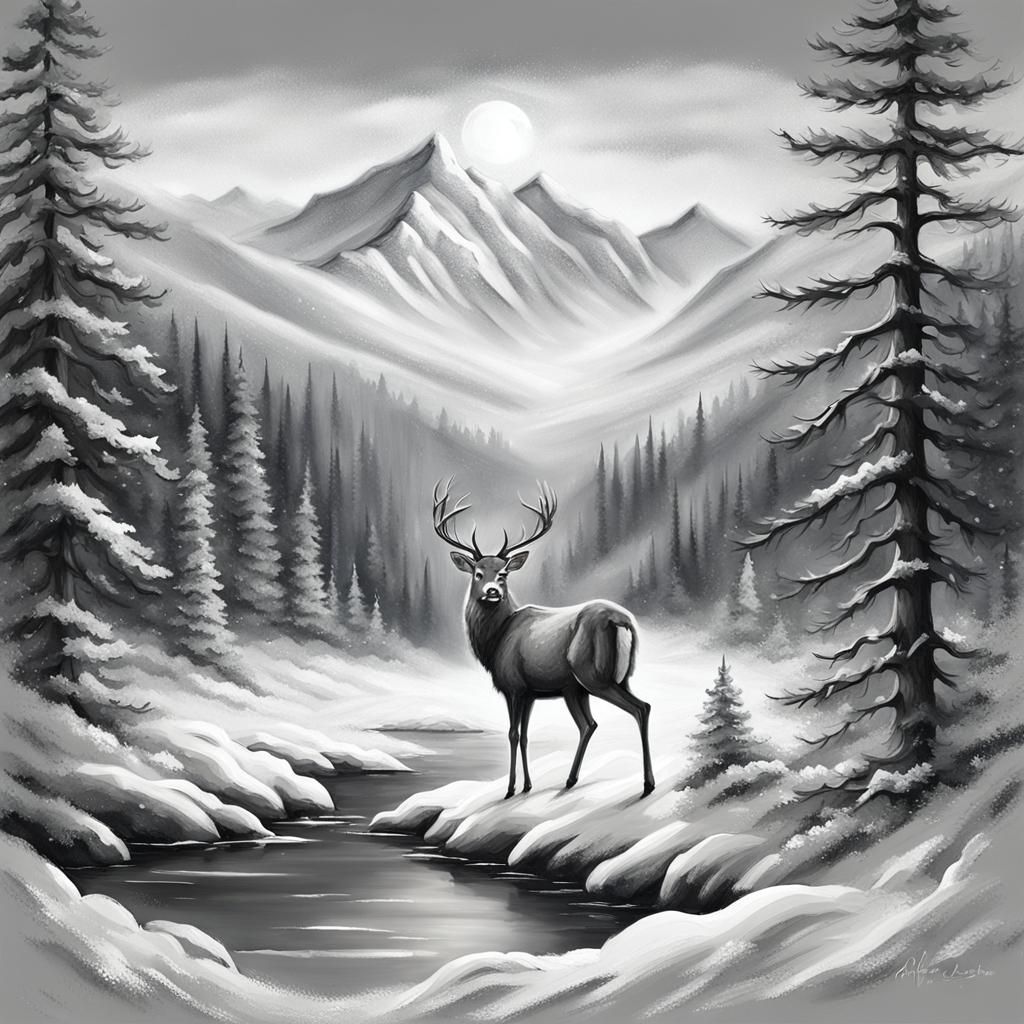 Monochrome Deer in Snow-Capped Mountain Landscape