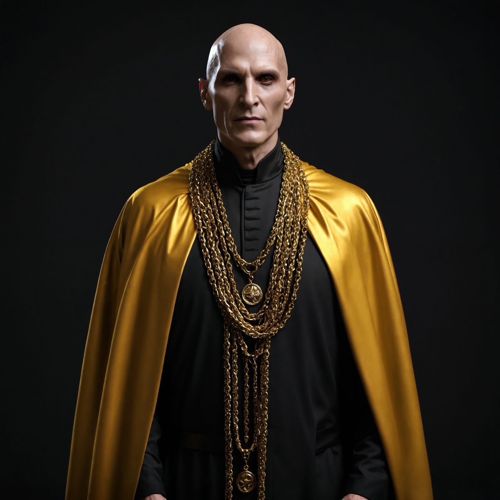 Happy Wizard in Gold Chains on Black Background