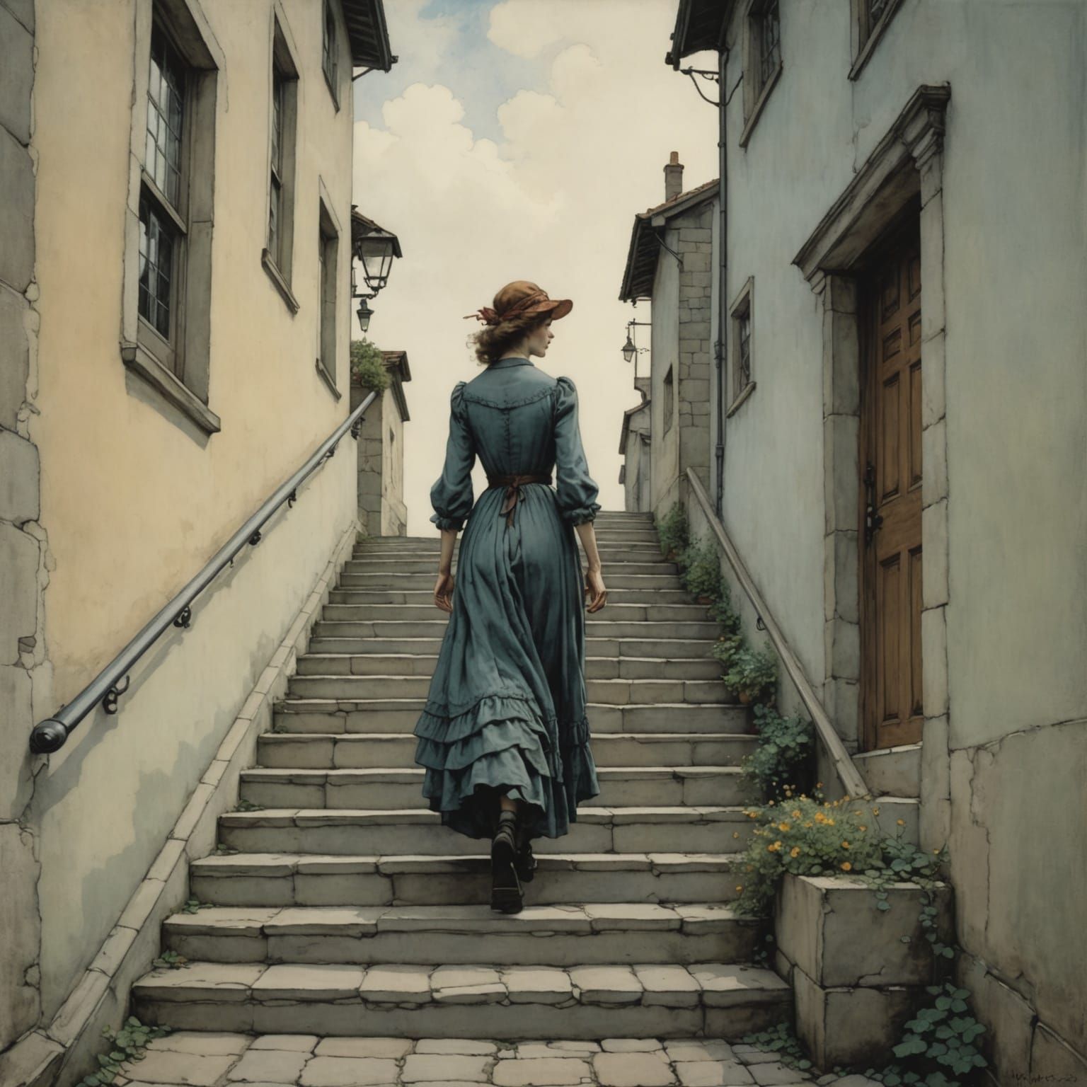 Ethereal Woman Descends Stairs in Whimsical, Dreamlike Scene