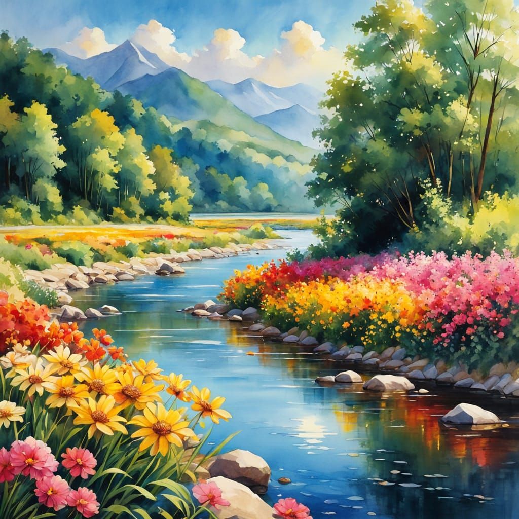 Warm Watercolor River Scene with Vibrant Wildflowers