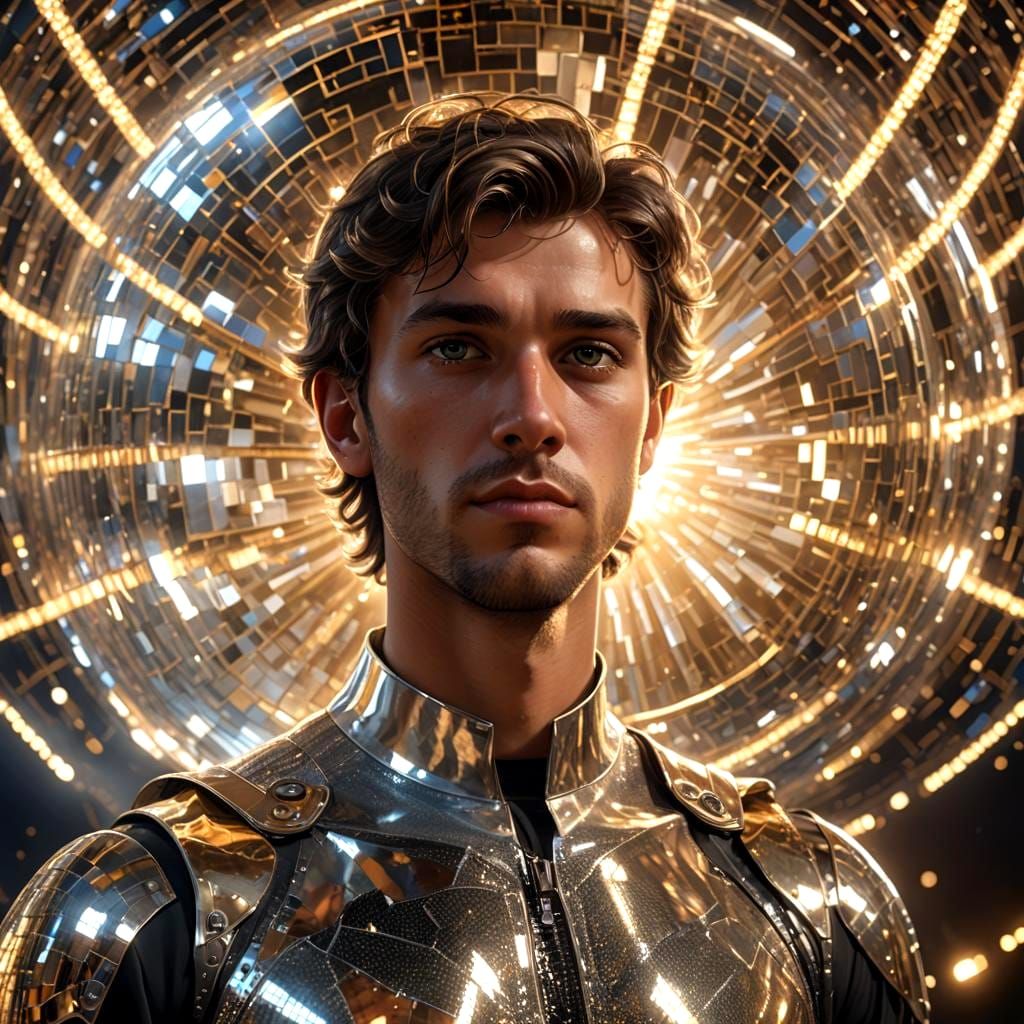 Golden Angel in Disco Ball Light, Hyperrealistic Portrait
