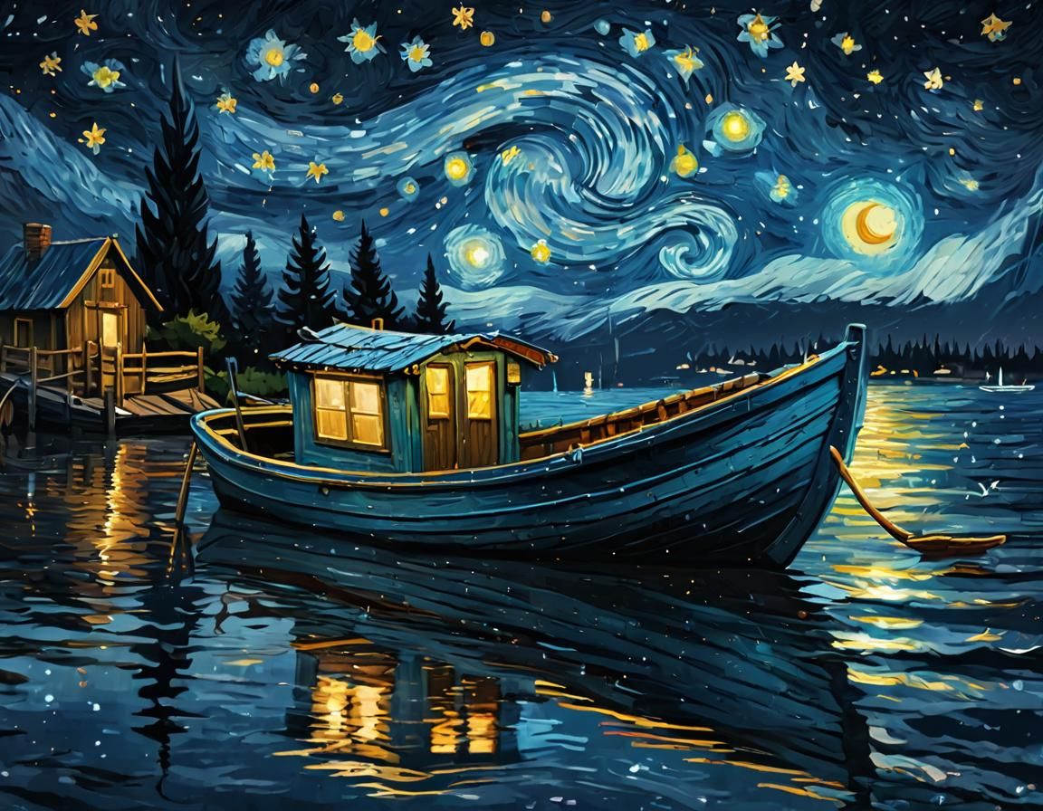 Dog on Stormy Sea in Van Gogh Style