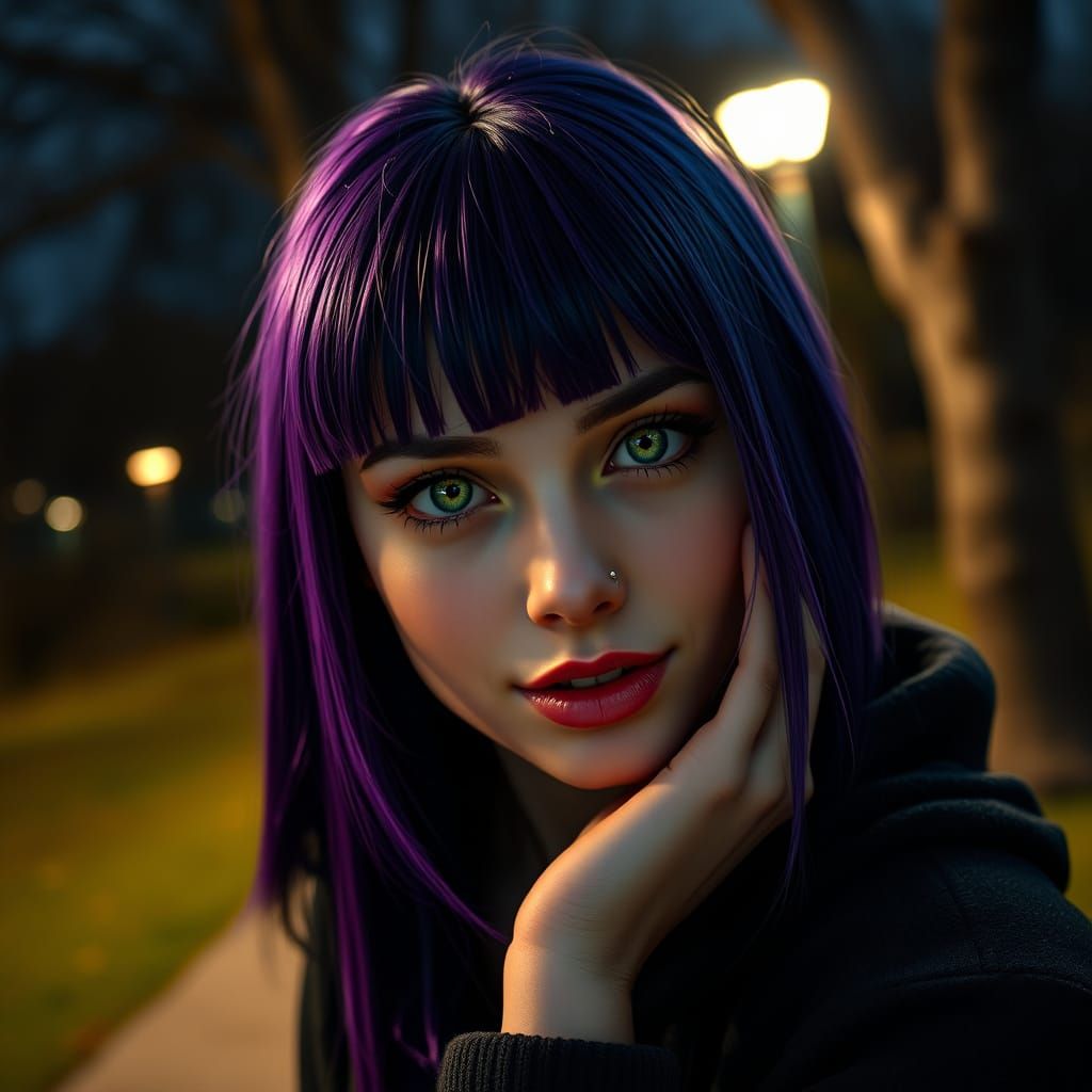Photorealistic Portrait of a Young Woman with Purple Hair an...